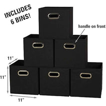 Household Essentials Foldable Fabric Storage Bins 6 Piece Set, Strong Poly-Woven Fabric, Sturdy Chipboard Sides, Grommet Front Handle, Stackable and Foldable, Classic Design, Black