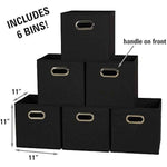 Household Essentials Foldable Fabric Storage Bins 6-Piece Set | Sturdy Chipboard Sides, Grommet Front Handle, Stackable and Foldable, Classic Black Design