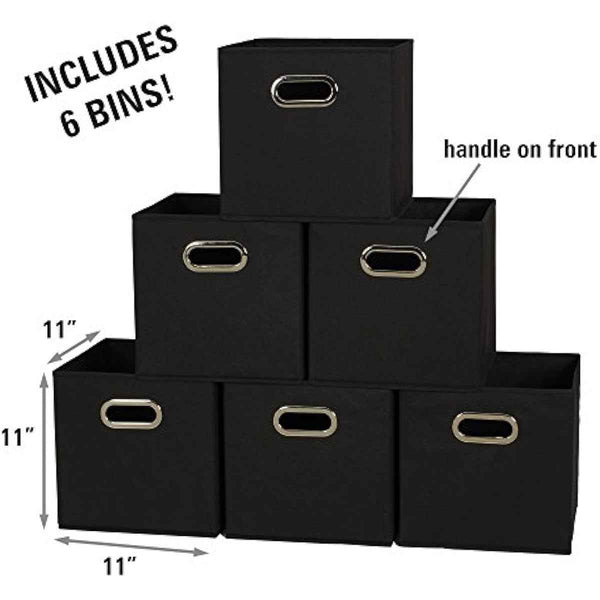 Household Essentials Foldable Fabric Storage Bins 6-Piece Set | Sturdy Chipboard Sides, Grommet Front Handle, Stackable and Foldable, Classic Black Design