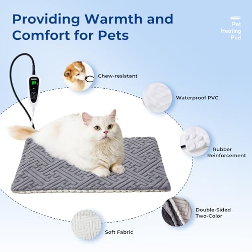 Cat Heating Pad with adjustable temperature and timer options, 18x18 inch, indoor, waterproof and flame-retardant PVC core