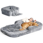 EheyCiga 72x44x11 Grey Orthopedic Memory Foam Foldable Human Dog Bed with Non-Slip Bottom and Waterproof Faux Fur Cover