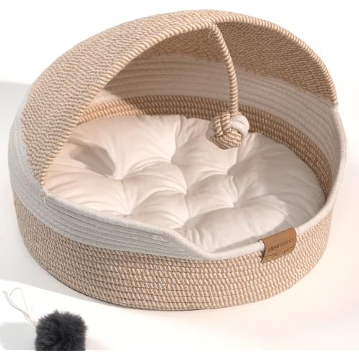 CHEERPALS Cat Basket Bed for Indoor Cats, Covered Pet Bed with Washable Cushion and Ball Rope Cotton Bed for Medium and Large Cat, All Season Universal(White)