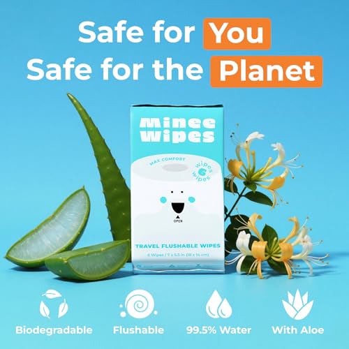 Compact Travel Flushable Wipes for Sensitive Skin - 99.5% Water and Aloe - 8 Pack 48 Wipes