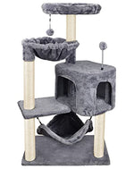 yunique cat tree with cat condo and big hammock, grey, 22.44x13.78x39.37 inches, faux fur and sisal posts