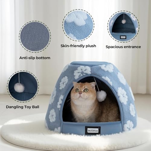 balance 2-in-1 cat bed cave with anti-slip bottom and ultra-soft plush blue 19 inches