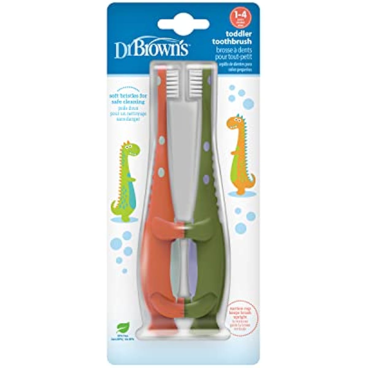 Dr. Brown's Baby and Toddler Toothbrush, Green and Orange Dinosaur 2-Pack, 1-4 Years