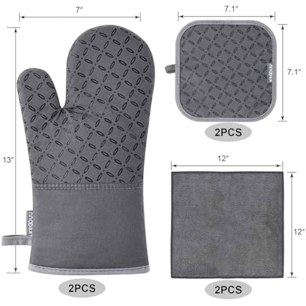 Oven Mitts and Pot Holders 6pcs Set with Non-Slip Silicone Surface, Grey