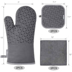 Oven Mitts and Pot Holders 6pcs Set with Non-Slip Silicone Surface, Grey