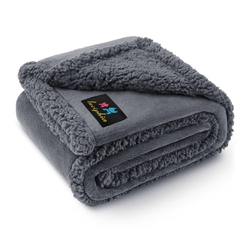 Waterproof sherpa fleece pet blanket for sofa bed couch, small, medium, large dogs and cats, dark gray, 40" x 28"