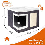Large Dark Grey cat house with scratch pad and fluffy ball, foldable cat condo hideaway with reversible cushion for multi small pets