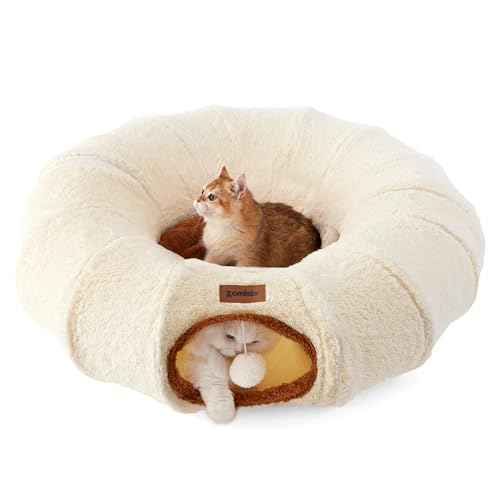 Cat Tunnel Bed for Indoor Cats, Cute Cat Donut Toy Tunnel for Small Large Cats, Peekaboo Pet Cave Play Tunnel Toys for Kitten/Rabbit,Beige