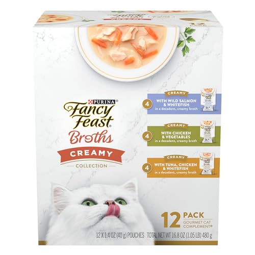 purina fancy feast adult cat food toppers 12-pack with real salmon and whitefish creamy broth