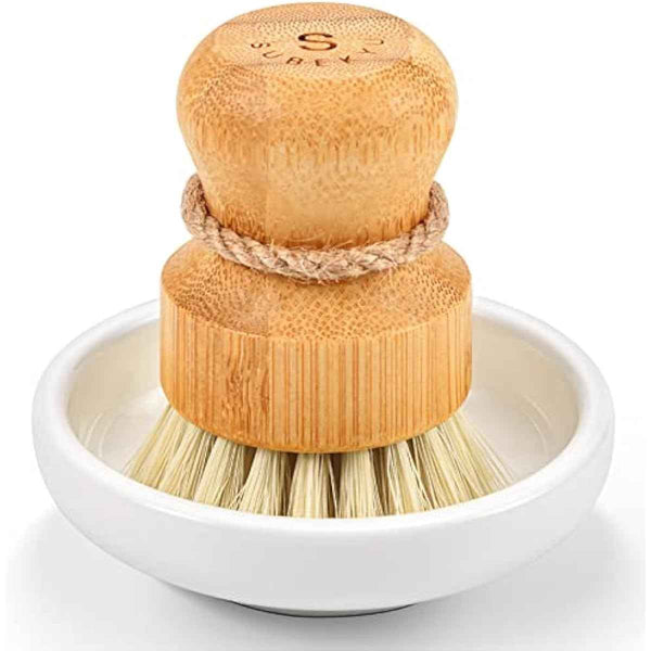 SUBEKYU bamboo kitchen dish scrub brush with natural sisal bristles for gentle cleaning