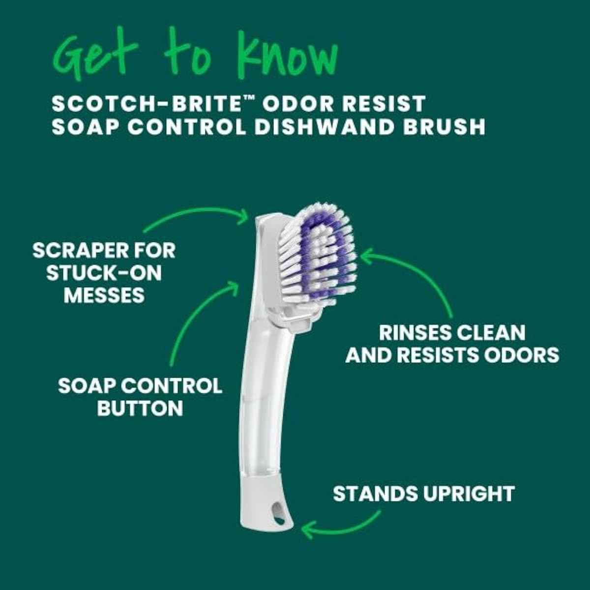 Scotch-Brite Odor-Resist Soap Control Dishwand Brush, Non-Scratch Cleaning with Scraper, Stands Upright, 1 Pack