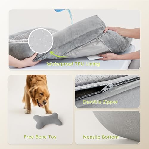 light gray, large, orthopedic, waterproof, XL dog bed with cooling gel foam and removable cover