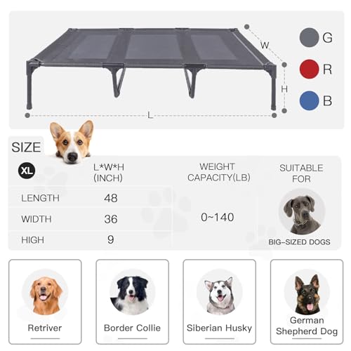 Suddus elevated dog bed for large dogs, 140lb, breathable cooling raised dog cot, grey, x-large