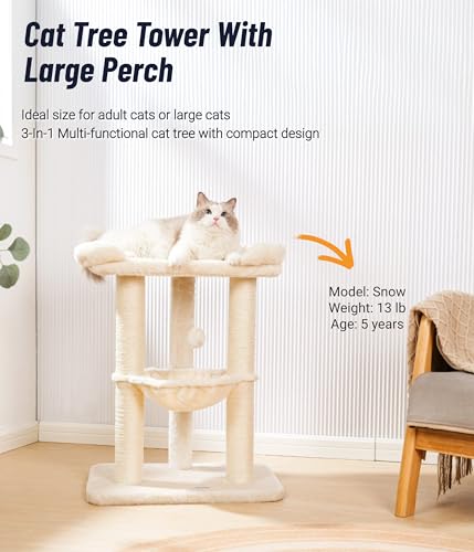 Happi N Pets 28" Cat Tree Tower in Beige, soft perch, large bed for big cats, stable & compact cat tower