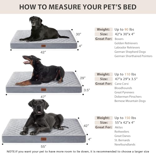 WNPETHOME orthopedic waterproof extra large dogs bed with removable washable cover and multi-needle quilting for large sized dog in light grey
