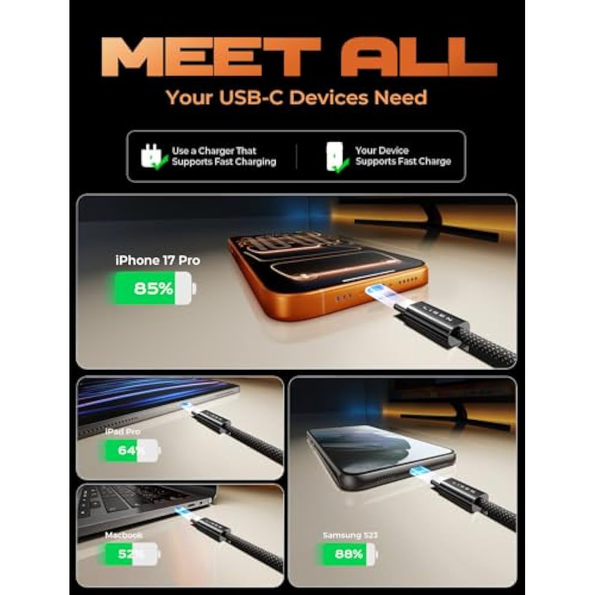 LISEN USB C to USB C Cable, 5-Pack [3.3/3.3/6.6/6.6/10FT] for iPhone 17 Charger Cord, 60W C to C Cable Fast Charging for iPad, iPhone 16 15 Pro Max, Galaxy S25/S24 USBC to USBC Cable Gifts for Men
