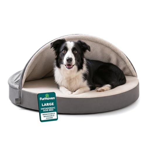 FurHaven 35"D x 3"H Round Orthopedic Dog Bed for Large Dogs with Egg Crate Base and Snuggery Hood, Gray