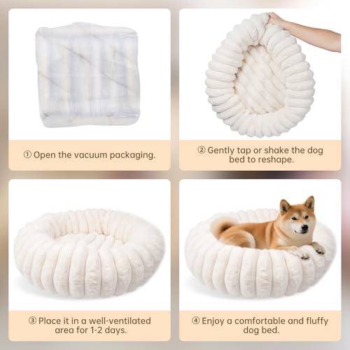 Donut dog and cat bed with faux rabbit fur, soft anti-anxiety calming bed for small dogs and cats, 20 inch white