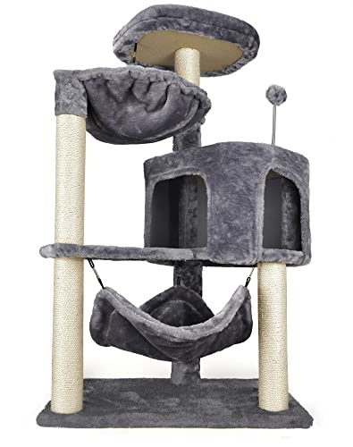 yunique cat tree with cat condo and big hammock, grey, 22.44x13.78x39.37 inches, faux fur and sisal posts