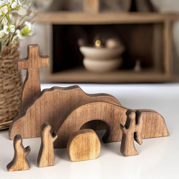 Nerosun wooden Easter resurrection scene and cross decoration set for religious home office tabletop