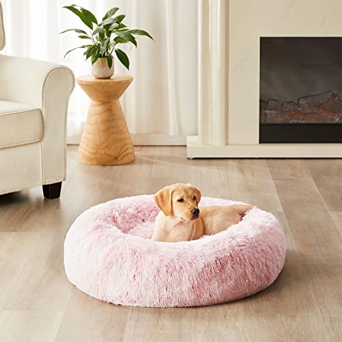 WNPETHOME faux fur self-warming donut cuddler dog bed, 20 x 20 x 8 inch, light pink