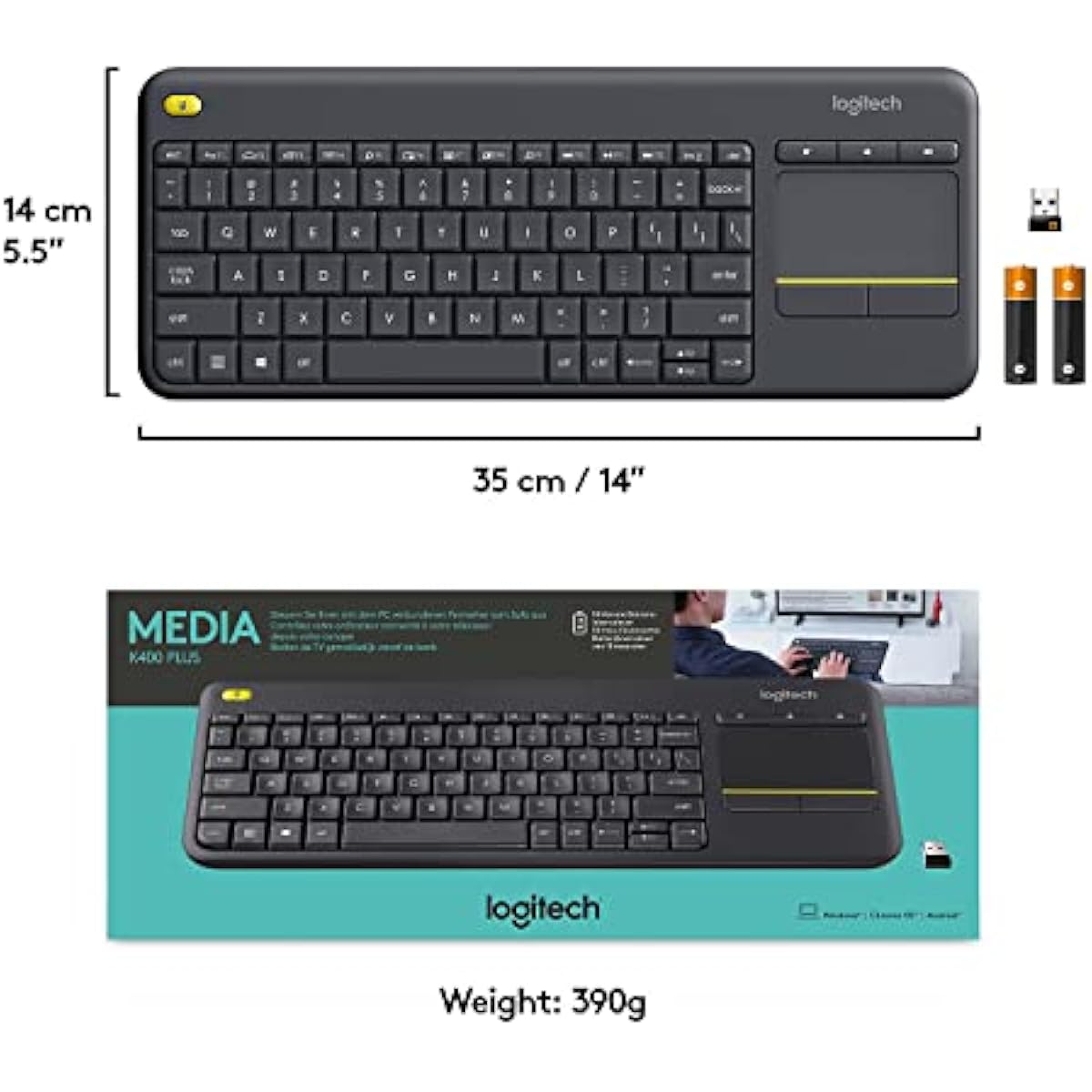 Logitech K400 Plus Wireless Touch TV Keyboard with Easy Media Control and Built-in Touchpad, HTPC Keyboard for PC-Connected TV, Windows, Android, ChromeOS, Laptop, Tablet - Black