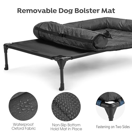 Veehoo cooling elevated dog bed with removable waterproof bolster cushion mat, large indoor outdoor pet cot for labrador rottweilers boxers, black, 42x30inches