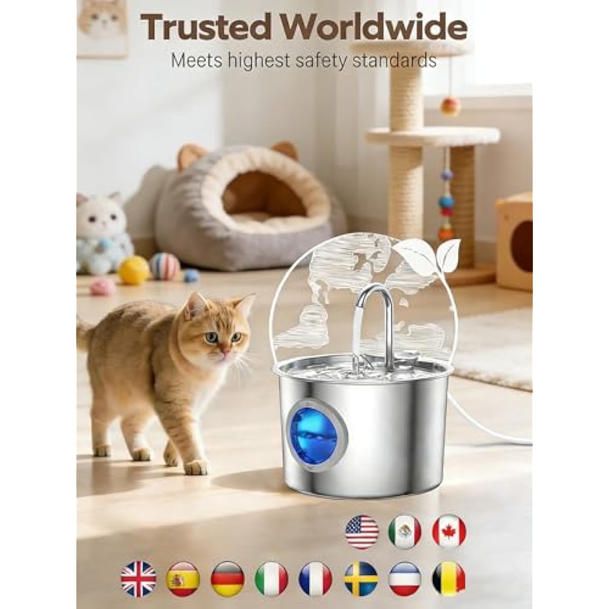 Cat Water Fountain Advanced 304 Stainless Steel 2.2L/74oz with Detachable Tank, Easy to Clean