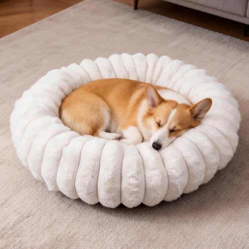 Donut dog and cat bed with faux rabbit fur, soft anti-anxiety calming bed for small dogs and cats, 20 inch white