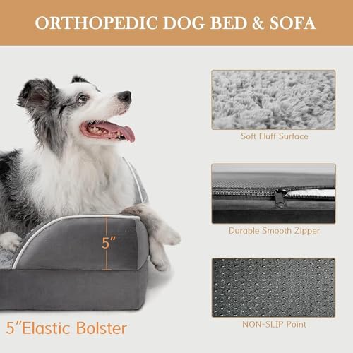 Grey Comfort Expression Orthopedic Dog Bed for Extra Large Dogs 42x30 Inch with Waterproof Bolsters