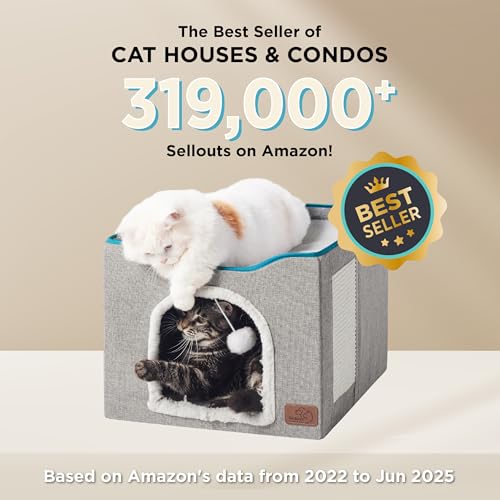 Bedsure Large Grey Cat Cave with Fluffy Ball and Scratch Pad, Foldable, Indoor Pet House for Cats, 16.5x16.5x13 inches