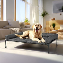 Veehoo cooling elevated dog bed with removable waterproof bolster cushion mat, large indoor outdoor pet cot for labrador rottweilers boxers, black, 42x30inches
