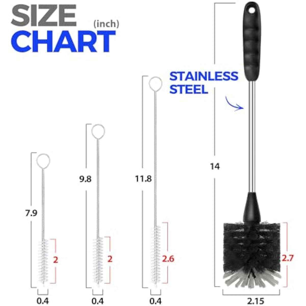 Holikme Bottle Brush Cleaner Set: 14" Stainless Steel Handle, 3 Straw Brushes, Abrasive Wheel for Water Bottles, Cups, Straws