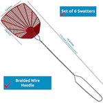 W4W braided metal handle 6 pack fly swatters for indoor/outdoor use with long handle, round corners, and loop design