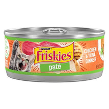 Purina Friskies wet cat food pate, 5.5 oz. cans, chicken and tuna dinner, 24-pack, complete and balanced nutrition