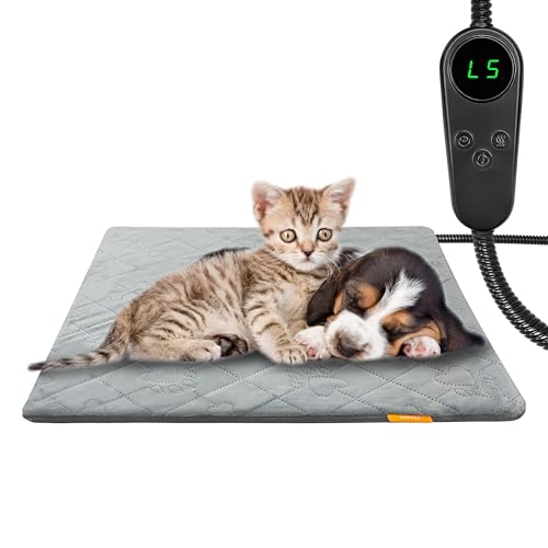Pet Heating Pad for Cats Dogs Electric Heated Bed Waterproof Warming Mat Indoor Outdoor Chew Resistant Cord Adjustable 5 Timer and 6 Level Temperature for Pets Puppy Animals-17.7x17.7in