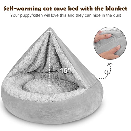 joejoy 23 inch small dog bed cat bed with hooded blanket, cozy cuddler luxury puppy pet bed
