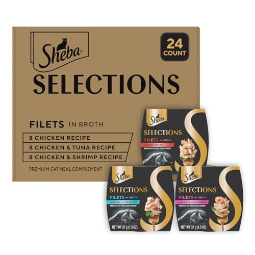 sheba selections filets in broth, 1.3 oz cups, 24 count, adult cat food wet recipe meal complement