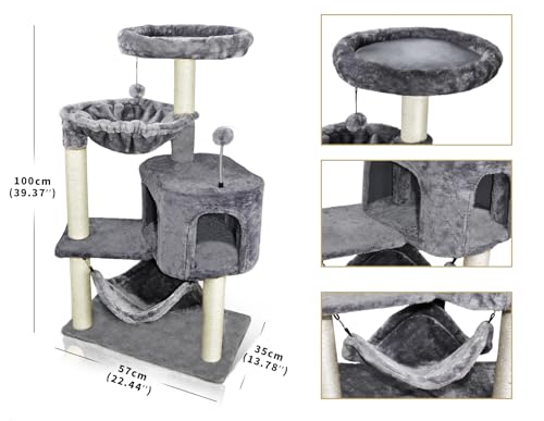 yunique cat tree with cat condo and big hammock, grey, 22.44x13.78x39.37 inches, faux fur and sisal posts
