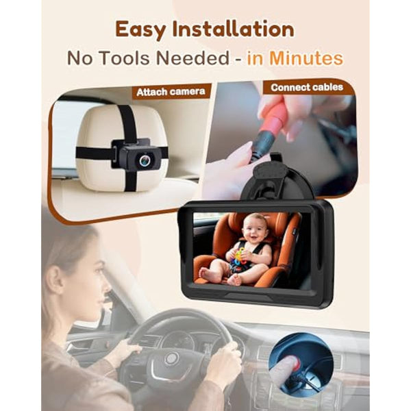 Rohent HD 1080P rear-facing baby car camera with 150° wide-angle lens, night vision, and adjustable display