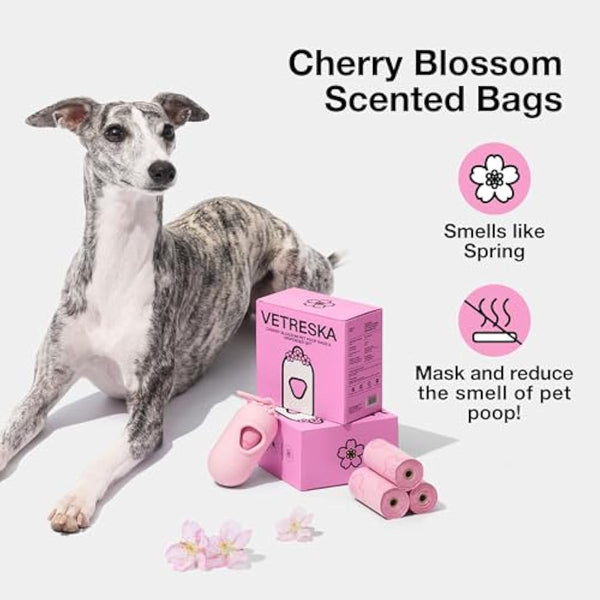 vetreska dog poop bag dispenser with cherry blossom scented bags and holder, pink
