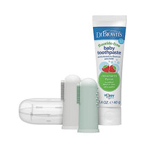 Dr. Brown's 100% Silicone Baby Finger Toothbrush and Toothpaste Set, 2-Pack Toothbrush with Storage Case, Fluoride-Free Strawberry Toddler Toothpaste, Gray & Light-Green