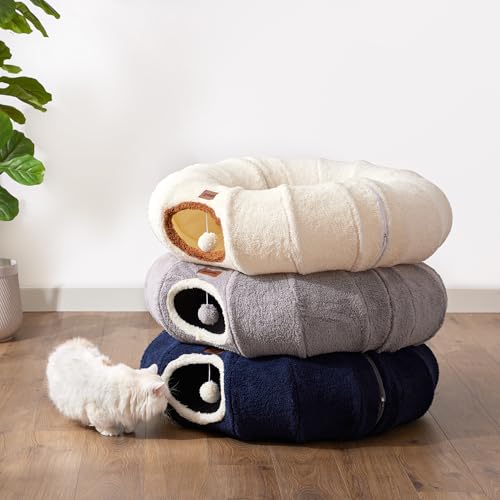Cat Tunnel Bed for Indoor Cats, Cute Cat Donut Toy Tunnel for Small Large Cats, Peekaboo Pet Cave Play Tunnel Toys for Kitten/Rabbit,Beige
