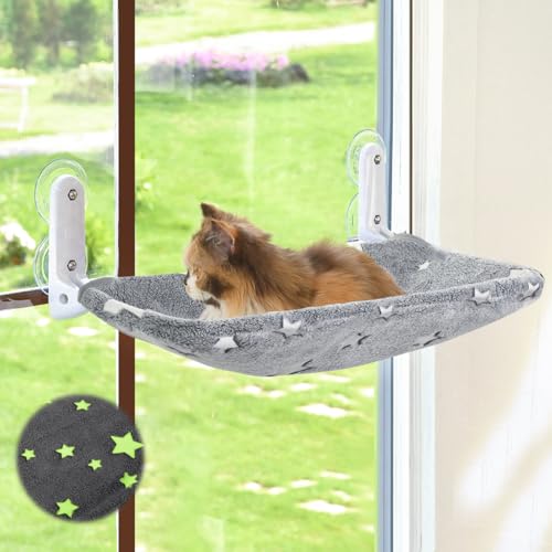 Cat Window Perch with sturdy metal frame, glowing stars pattern, and foldable design for indoor cats (Stars - M)