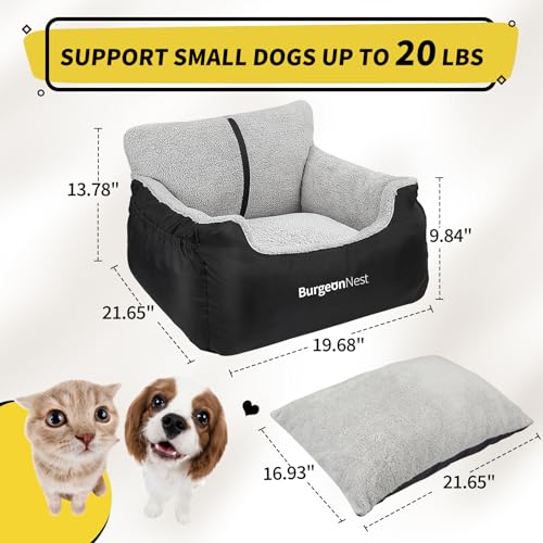 BurgeonNest dog car seat for small dogs, black, 25 lbs limit, detachable and washable, storage pockets and clip-on leash