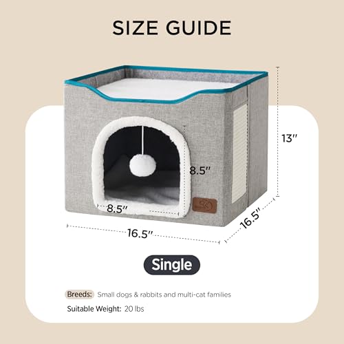Bedsure Large Grey Cat Cave with Fluffy Ball and Scratch Pad, Foldable, Indoor Pet House for Cats, 16.5x16.5x13 inches