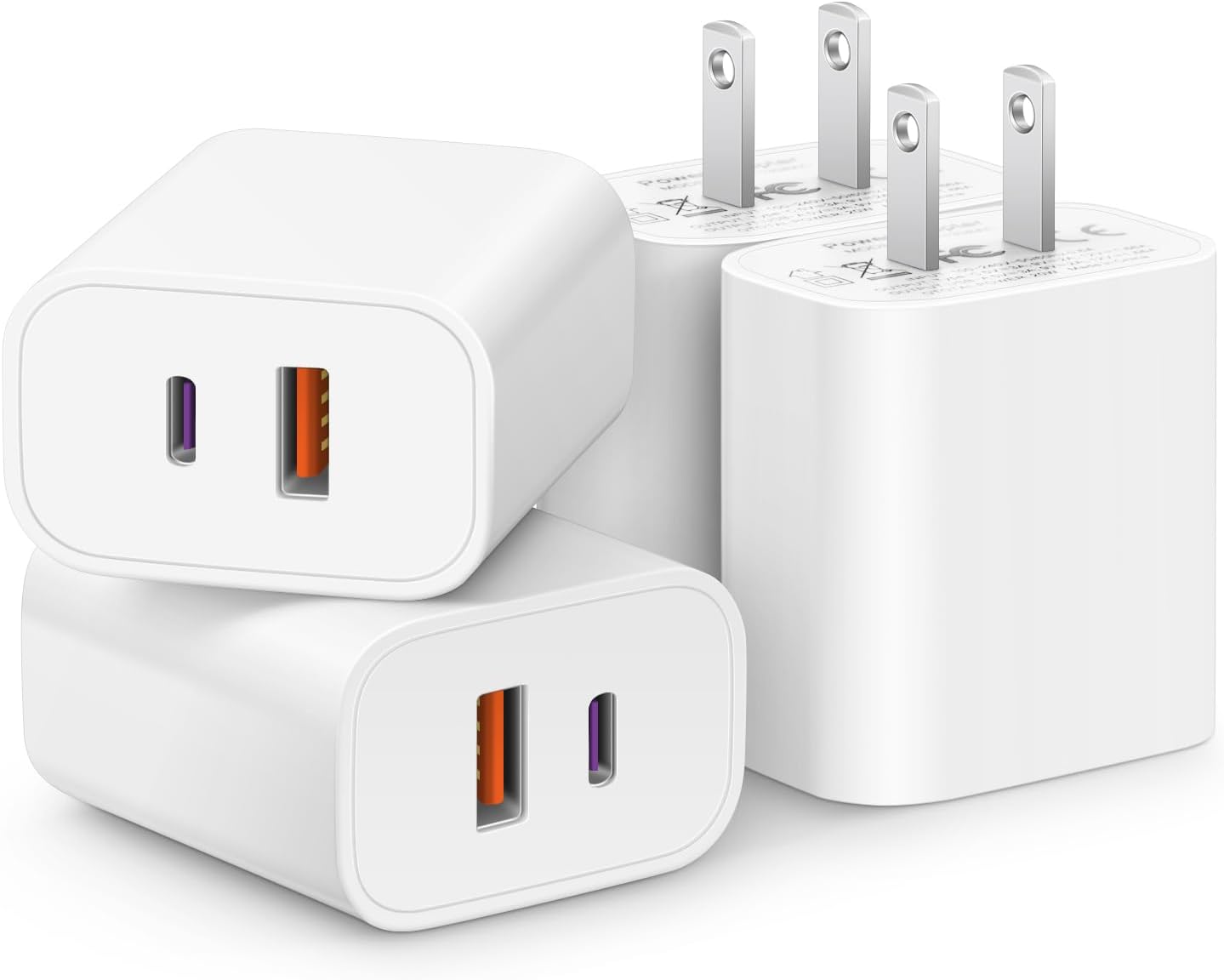 4 Pack USB-C Charger Block with PD 20W USB-C and QC 3.0 USB-A Ports Fast Charging Adapter